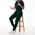 thumbnail image 5 of DENGDENG Women Stretch Scrubs Set Workwear Nurse Short Sleeve V Neck Scrub Tops Elastic Waist Jogger Pants Stretch Nursing Uniform Breathable Scrub Suit with Pockets,Dark Green M, 5 of 5