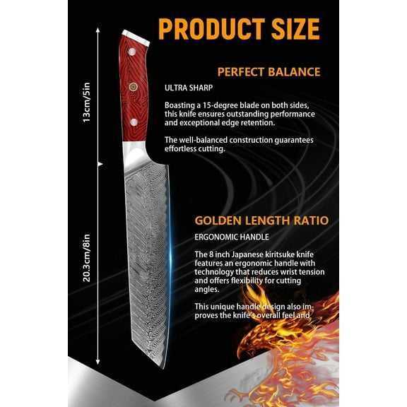 Kegani 8 Inch Japanese Chef Knife - Japanese Professional Kiritsuke Knife 67 Layers VG-10 Damascus High Carbon Stainless Steel Kitchen Cooking Knife With Ergonomic Handle
