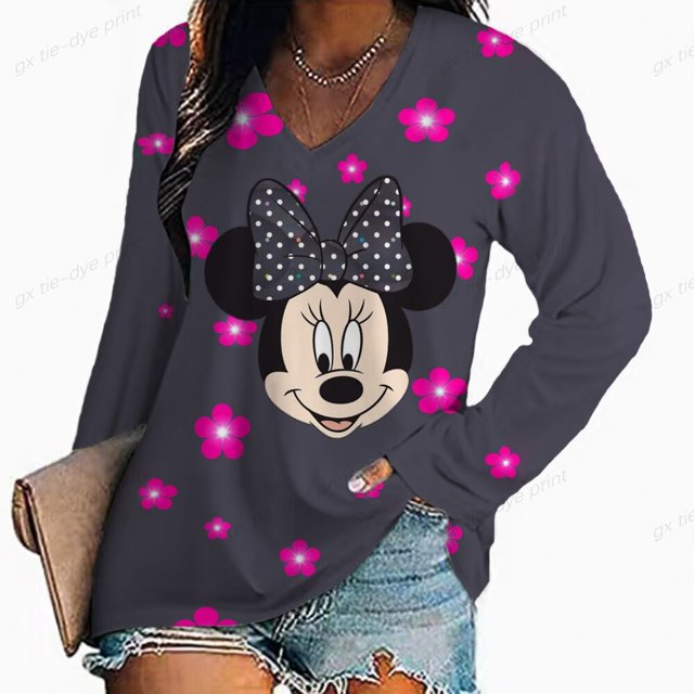 Spring Autumn Elegant Shirt Women Sexy Long Sleeve V Neck Disney Mickey Mouse Floral Print T Shirt Casual Loose PulloverXL Gao Jinjia LED