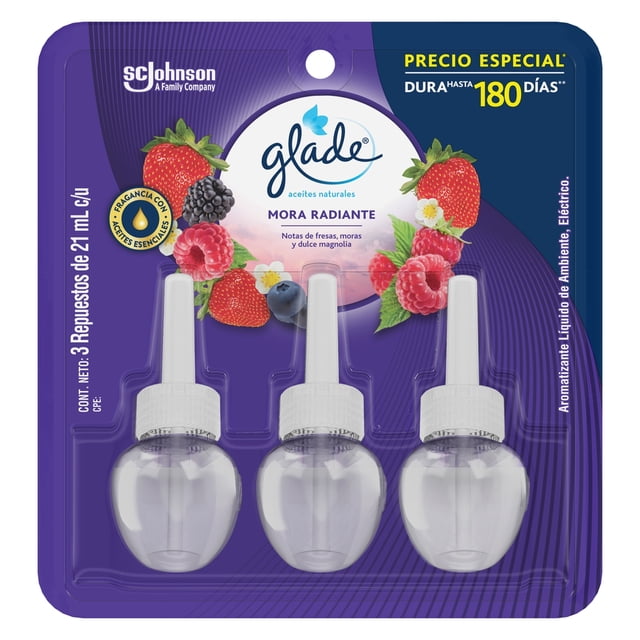 Aromatizante Líquido Eléctrico Glade Aceites Naturales Mora Radiante 3 Repuestos de 21 ml c/u