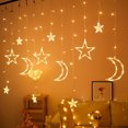 thumbnail image 1 of Guirnalda de luces LED para cortina de 138 luces, decoración de estrellas para Ramadán, bodas, fiestas, decoración navideña con luna y estrellas (blanco cálido), 1 of 8