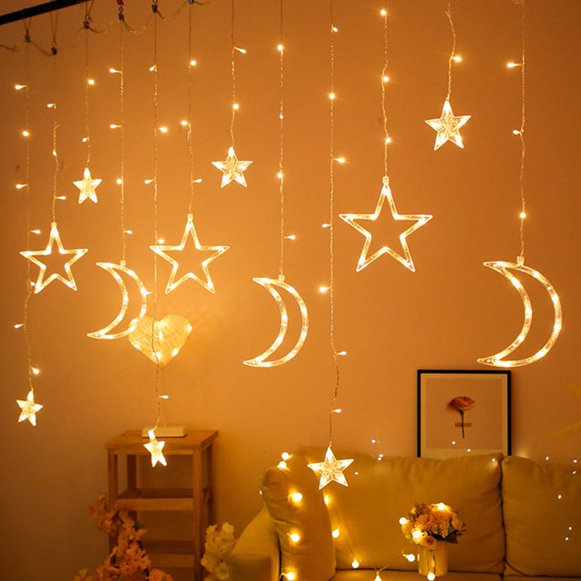 Guirnalda de luces LED para cortina de 138 luces, decoración de estrellas para Ramadán, bodas, fiestas, decoración navideña con luna y estrellas (blanco cálido)