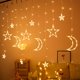 thumbnail image 1 of Guirnalda de luces LED para cortina de 138 luces, decoración de estrellas para Ramadán, bodas, fiestas, decoración navideña con luna y estrellas (blanco cálido), 1 of 8