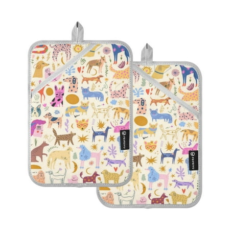 

Pot Holders Set of 2 Heat Resistant Potholders for Kitchen Easy Grip Oven Mitts for Microwave Oven Baking Kitchen BBQ Doodle Animals