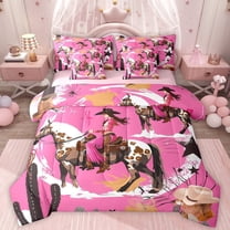 Homewish Female Girls Western Cowgirl Twin Bedding Sets 7-Piece,Farmhouse Horse Bedding Comforter Set Microfiber,Southwestern Old Fashion Breathable Sheet Sets,Microfiber Bedroom Decor,Reversible