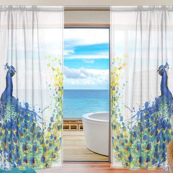 FREEAMG Watercolor Exotic Peacock Sheer Curtains Window Voile Panels Drapes Tulle Curtains Semi Sheer Curtains 78 Inches Long for Living Room Bedroom, Set of 2