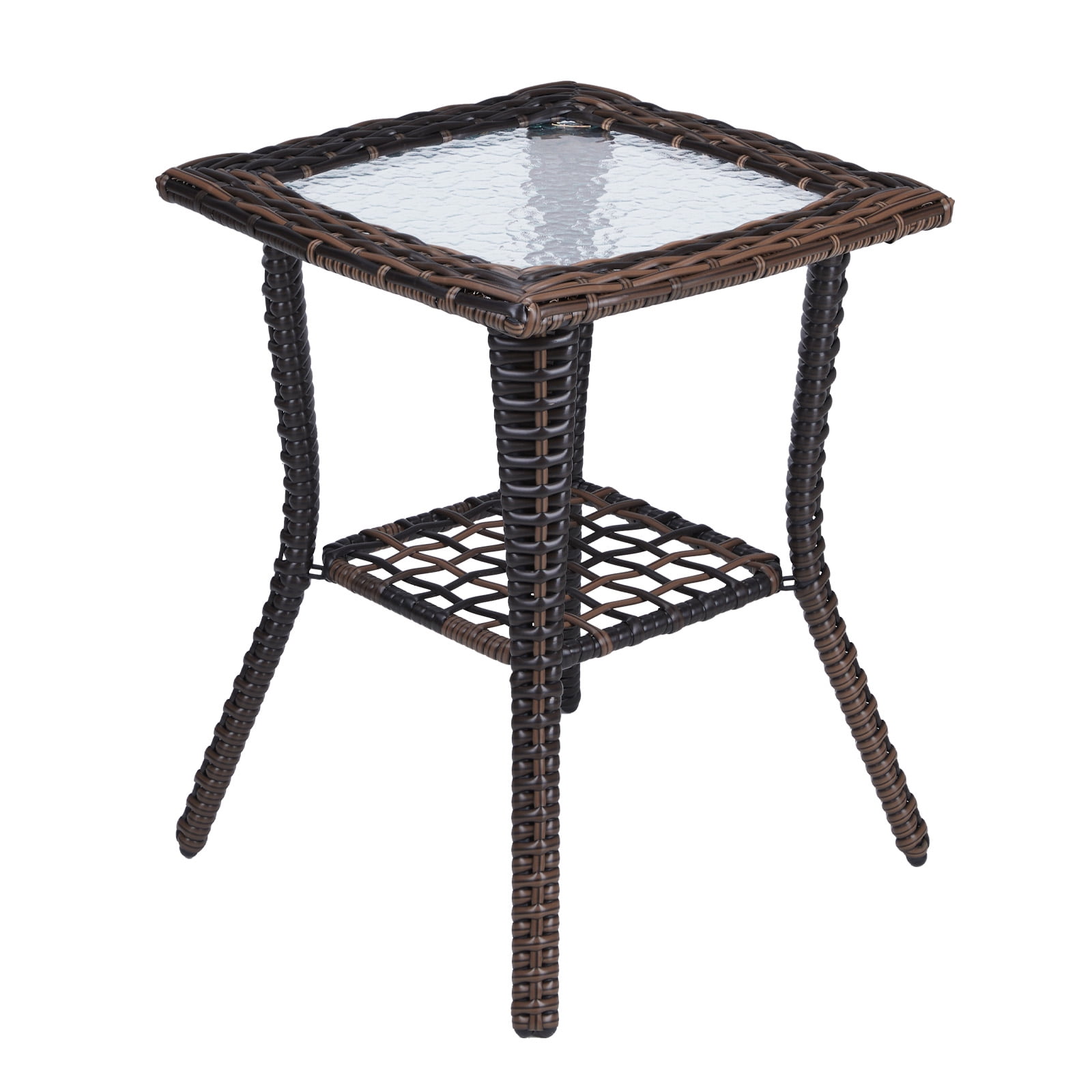 Wicker Side Table with Glass Table Top, Square PE Rattan Outdoor End Table for Patio, Garden, Poolside, Deck w/UV-Resistant Frame, Storage Space, Brown