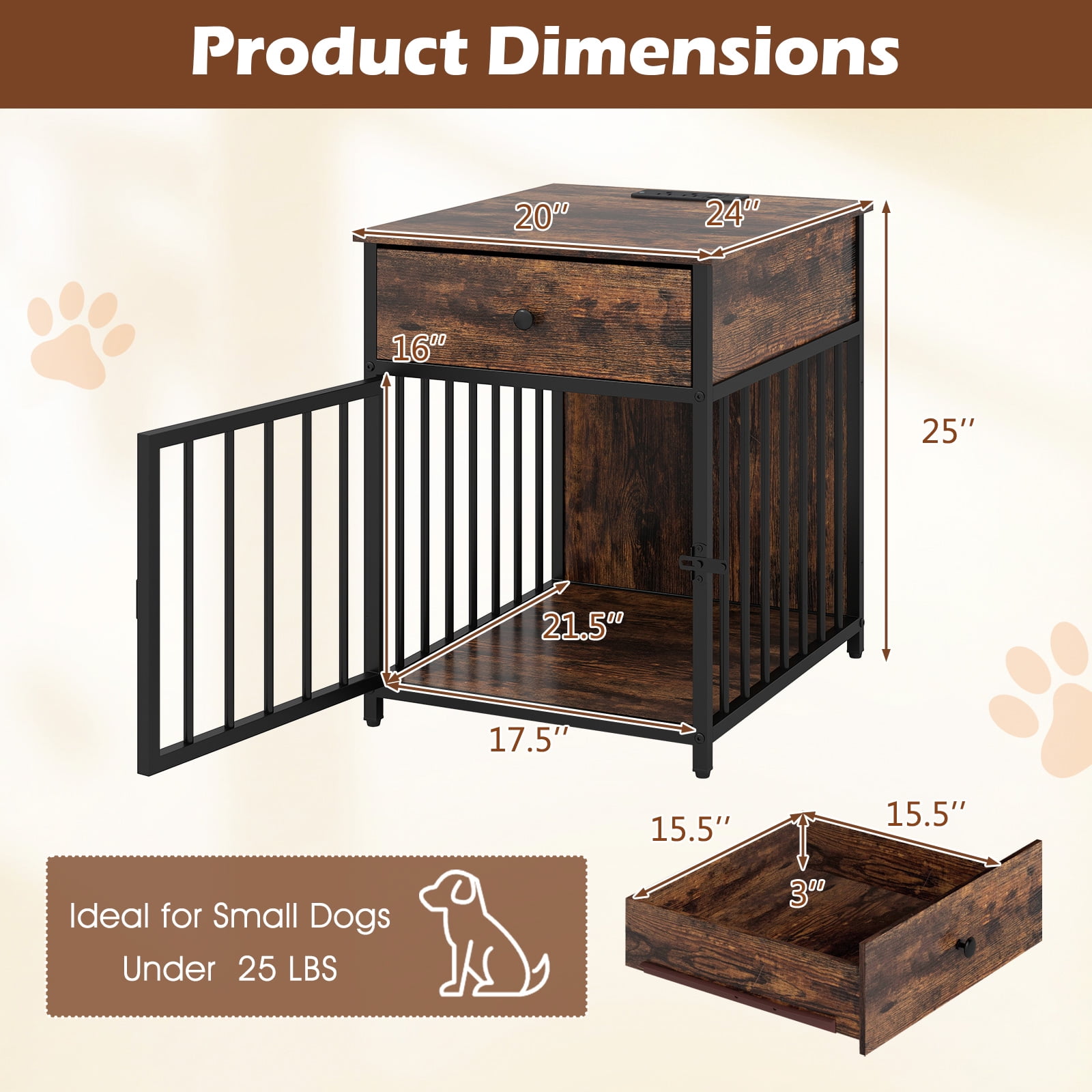 Gymax Versatile Dog Crate w/Charging Station Storage Drawer Lockable Door 2 AC Outlets
