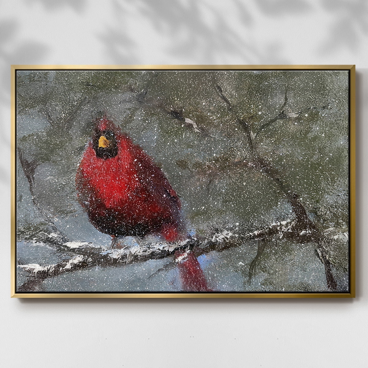 Cardinal in Snow I - Framed Gallery Wrapped Holiday Canvas - 25 x 37 - Gold Frame