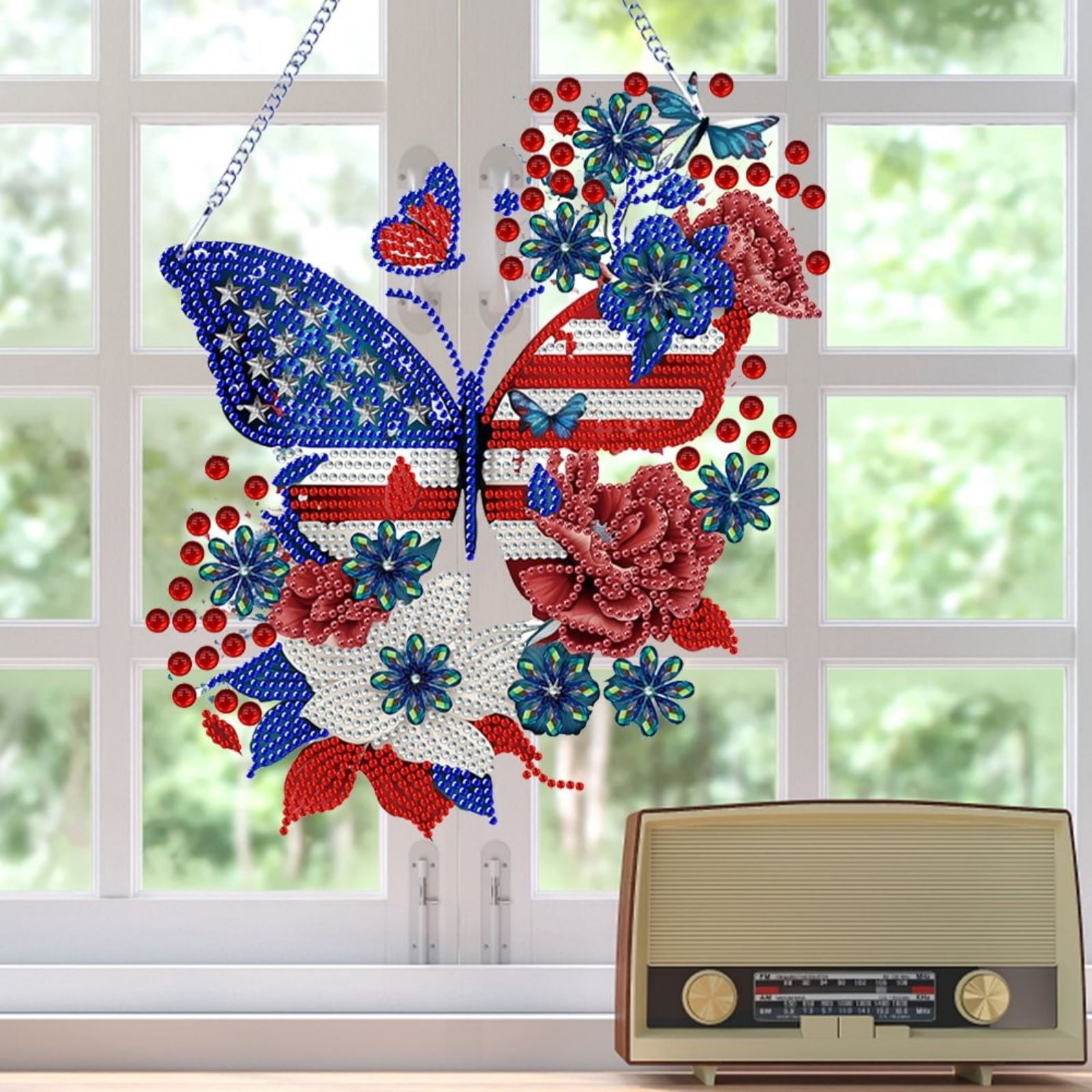 FLOPESN 2PCS DIY Diamond Pendant Diamond Art Painting Independence Day USA Butterfly Creative Design PVC Home Decoration Pendant (Single Side Diamond)