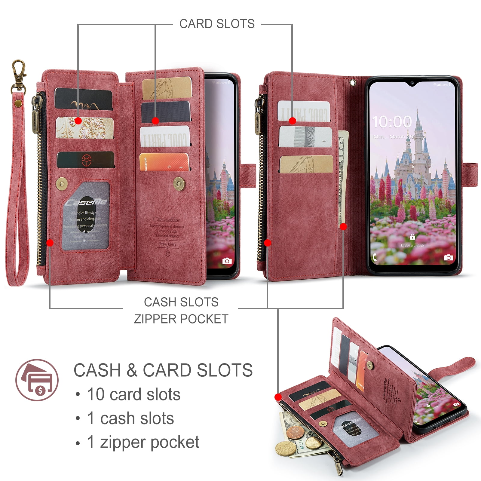 Dteck Wallet Case for Samsung Galaxy S25 Ultra,Magnetic Retro Leather Case Flip Folio Zipper Purse with Card Holder Slot Kickstand Shockproof Phone Cover for Samsung Galaxy S25 Ultra 5G,Red