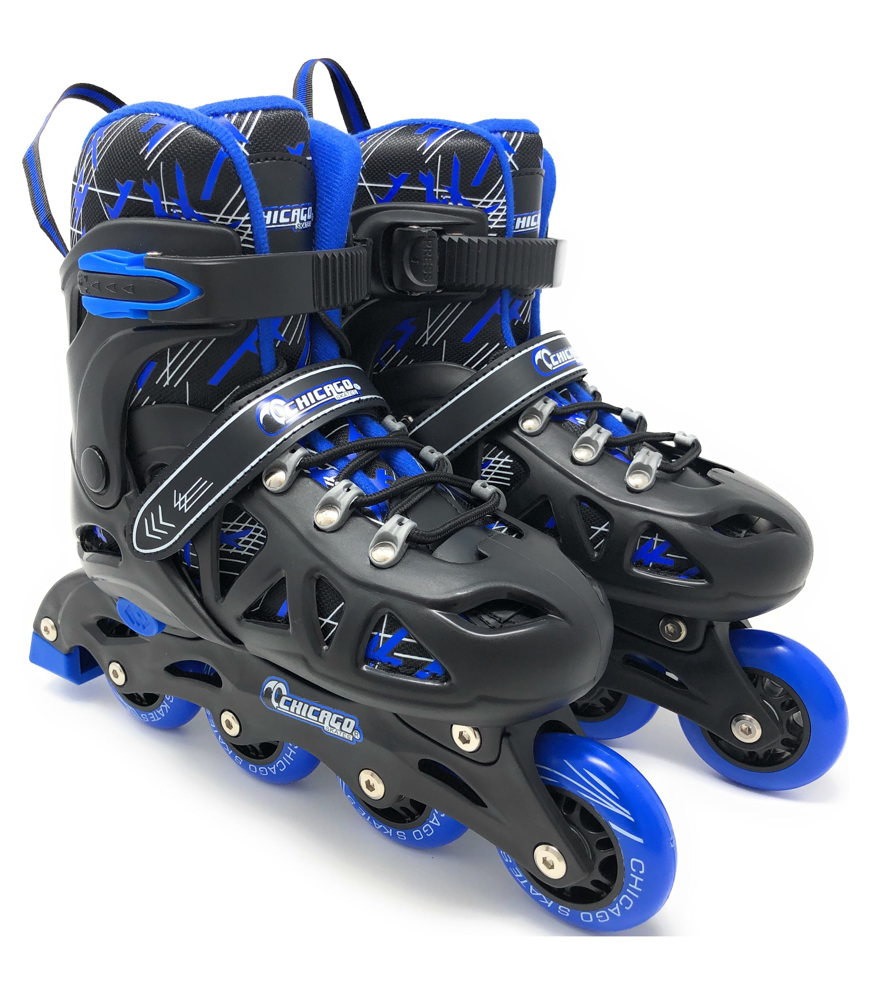 Chicago Skates Adjustable Inline Training Skate Combo Set Black/Blue/White – Includes Skates, Helmet, Knee pads, Wrist guards and Carryall backpack - Size Small (J10-J13)