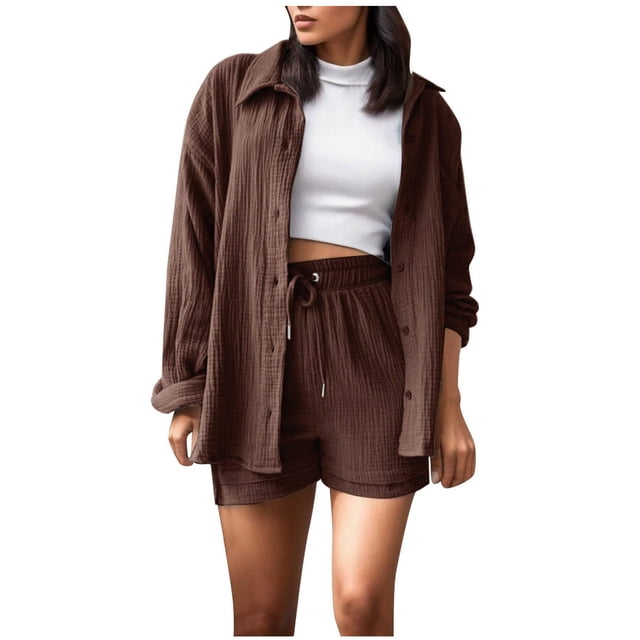 ZVAVZ Womens Lounge Sets for Spring Womens Summer Wrinkle Tracksuits Laple Neck Buttons Down Shirts Drawstring Shorts Pants Sets Womens Two Piece Outfits Casual