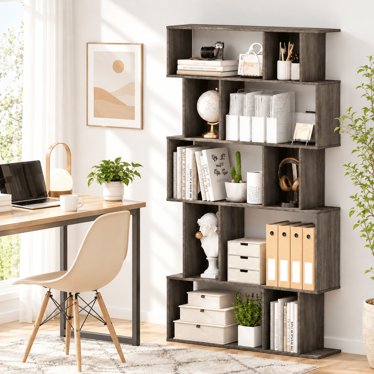 Furnibear 5 Tier Tall Bookshelf Bookcase with Open Shelves and Closed-Back Cube Storage for Living Room Home Office and Bedroom, Oak