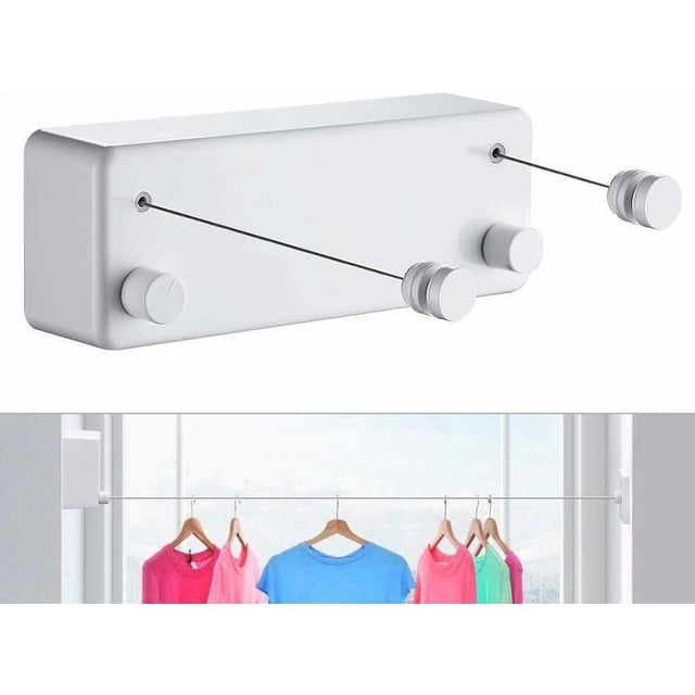 Cordón de ropa interior y exterior retráctil - Robuste, 2 hilos de ropa de 4,2 m en acero inoxidable, fijación mural (perchada) - Blanc T