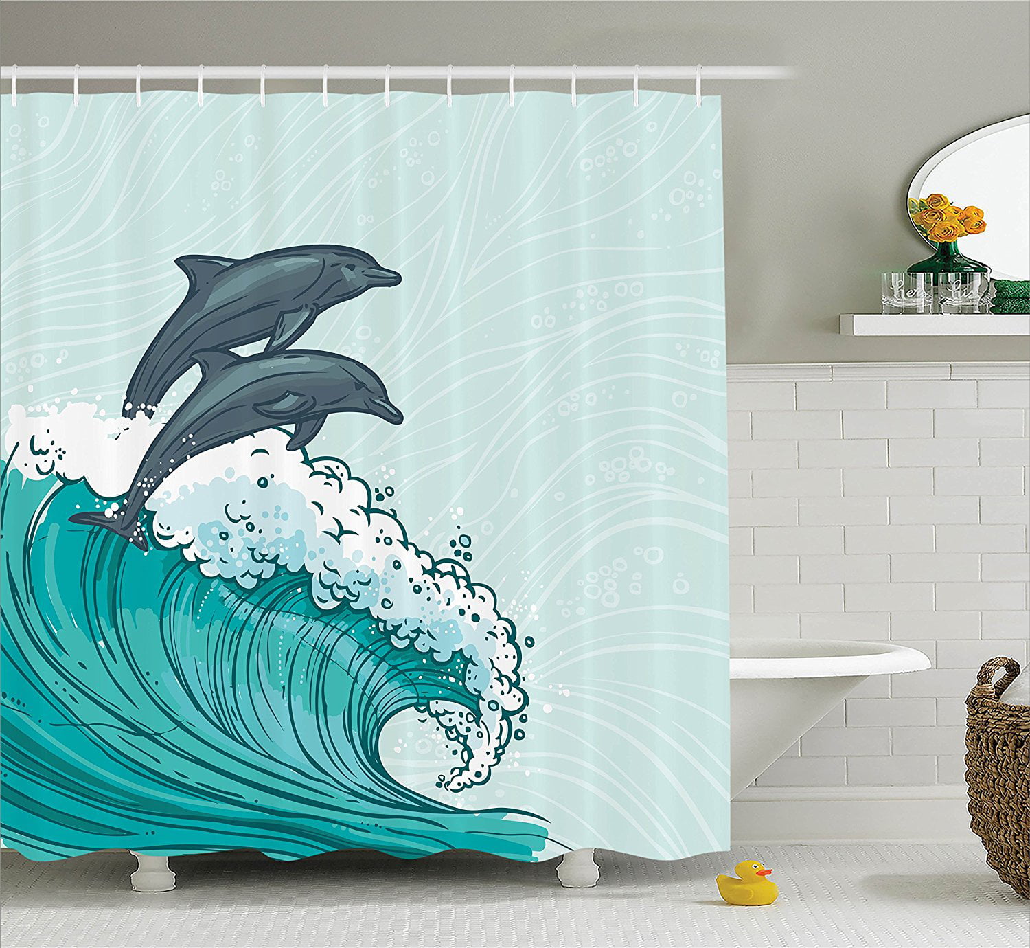 Undersea Mermaid and Dolphin Shower Curtain Liner Waterproof Fabric Bathroom Mat
