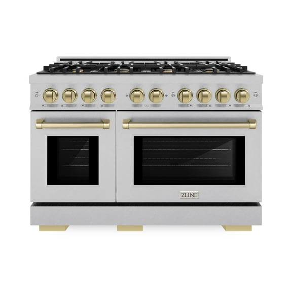 ZLINE Autograph Edition 48 in. 6.7 cu. ft. Double Oven Gas Range with 8 Burner Cooktop in DuraSnow Stainless Steel and Champagne Bronze Accents (HGRSZ-48-CB)