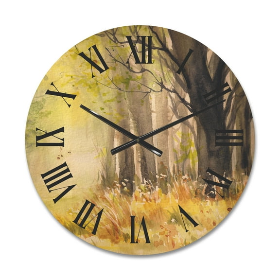 Designart 'Bright Sunshine Through The Yellow Forest Trees II' Traditional Wood Wall Clock