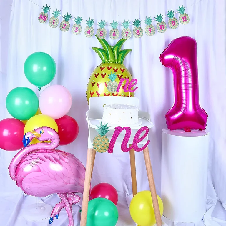Pineapple 1st Birthday Decorations Photo Banner One Cake Topper High Chair Banner Balloons for Girl Tropical Hawaiian Luau Pineapple Summer Themed