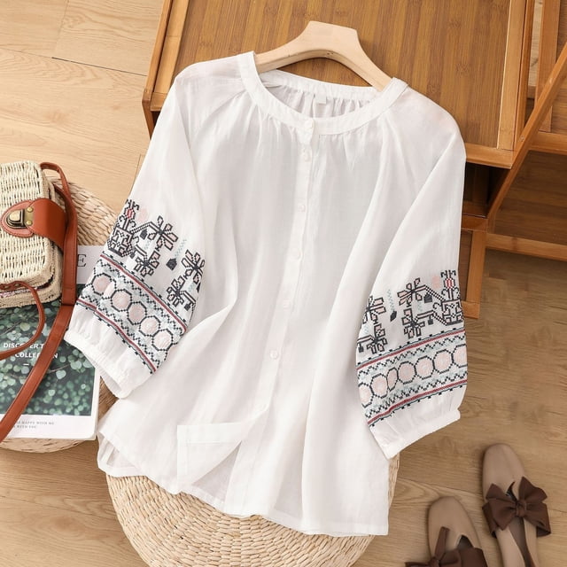 Shorts pour Femmes, Chemisiers pour Femmes, T-Shirt Mode Décontracté Ample Imprimé avec Broderie pour Femmes à Manches Courtes Hauts Chemisier en Coton et Lin