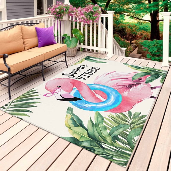 Summer Pink Flamingo Outdoor Rug 3x5 Ft, Non Slip Washable Area Rug, Beach Tropical Palm Leaves Patio Rugs Carpet Runner, Large Floor Mat for Indoor/Outdoor Deck Porch Camping