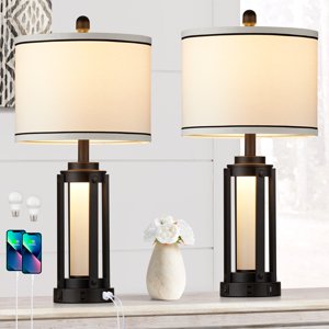 Cinkeda 25.5-Inch Table Lamp Set of 2, Black Metal with USB