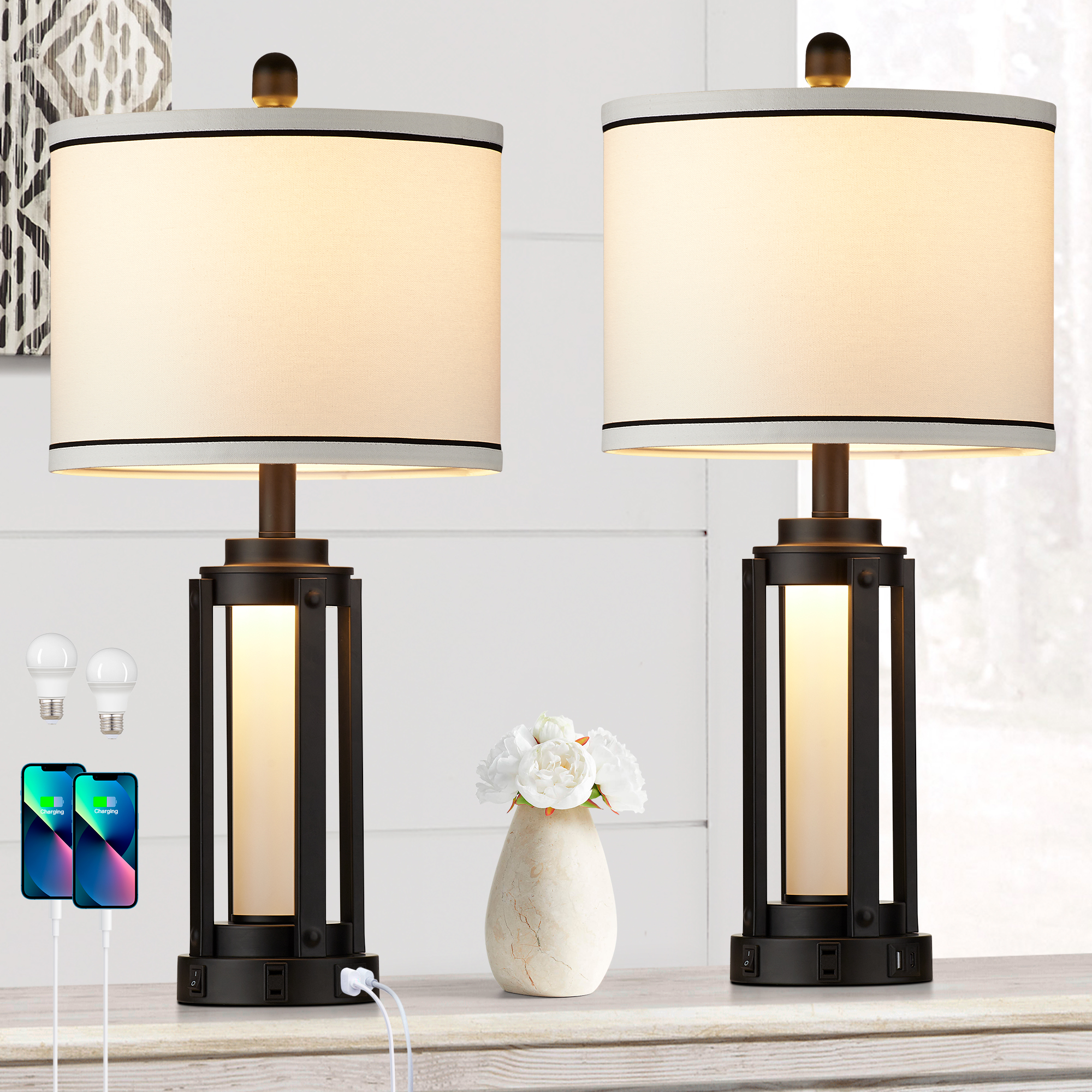 Cinkeda 25.5-Inch Table Lamp Set of 2, Black Metal with USB photo 1