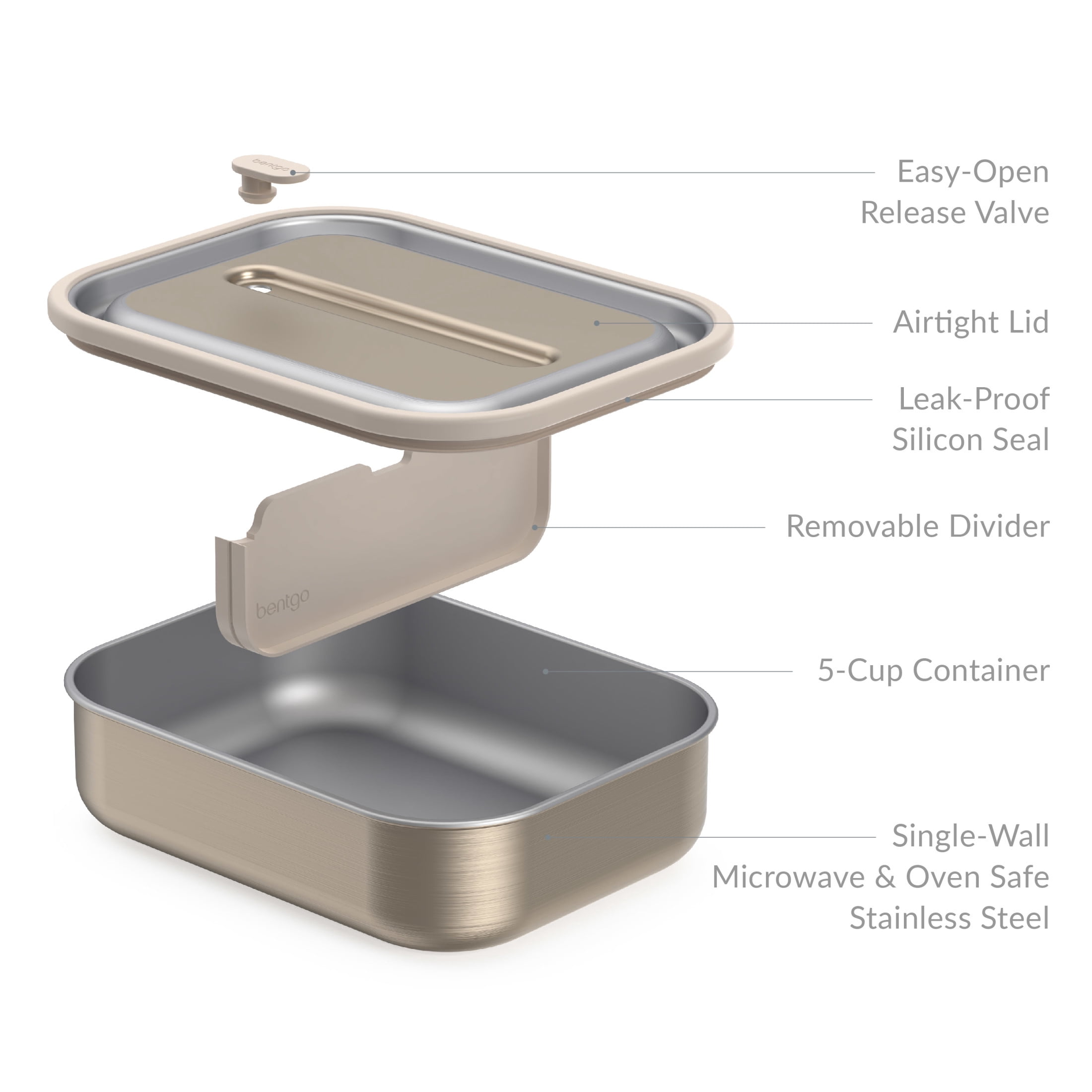 Bentgo MicroSteel Leak-Proof Lunch Box - Microwave-Safe, Oven-Safe, Bento-Style Container with Removable Divider, Airtight Lid, Sustainable Design, Odor & Stain Resistant (Gold)