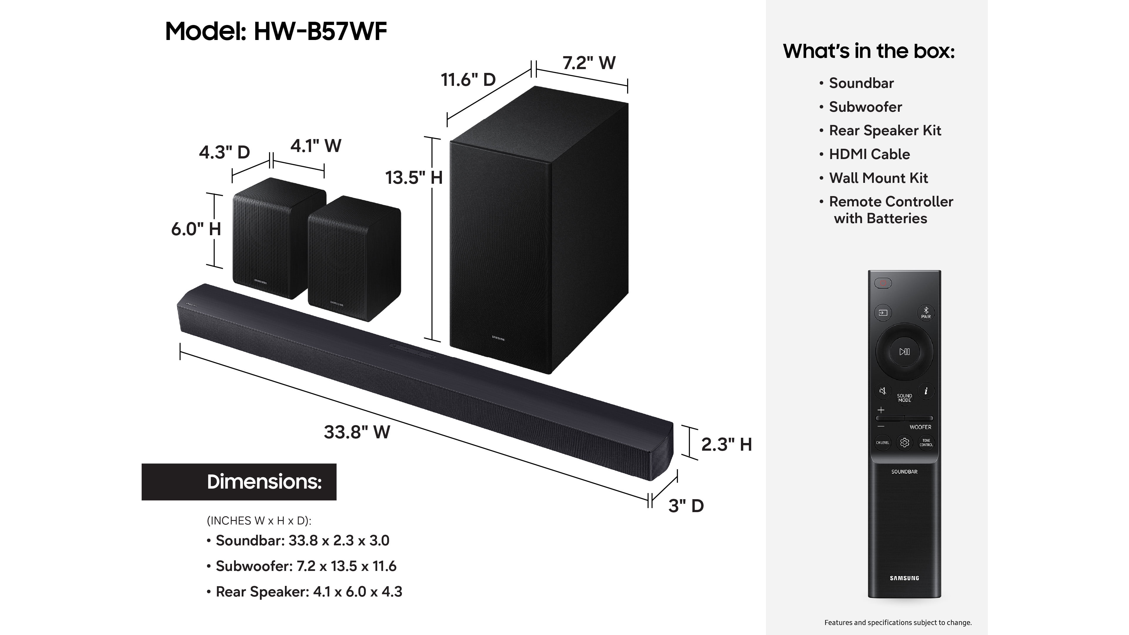 Samsung B-Series 4.1Ch DTS Virtual:X Soundbar with Subwoofer & Rear Speakers HW B57WF/ZA 2026