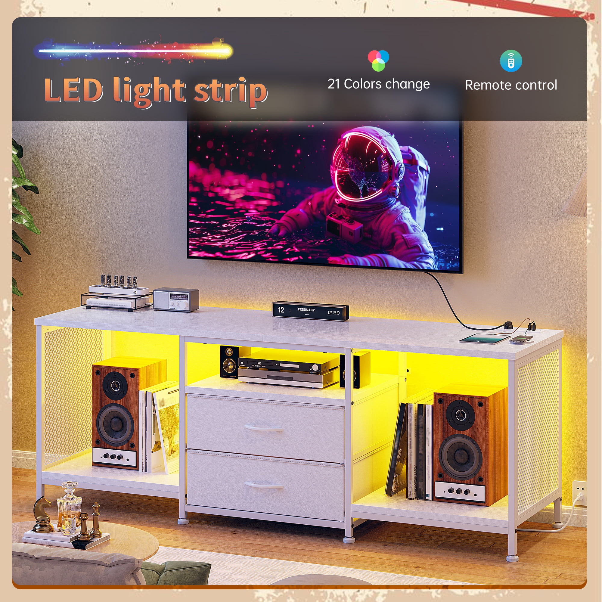 Dresser with Power Outlets & LED Lights Dresser for Bedroom with 2 Drawers TV Stand with Open Storage Shelves,White