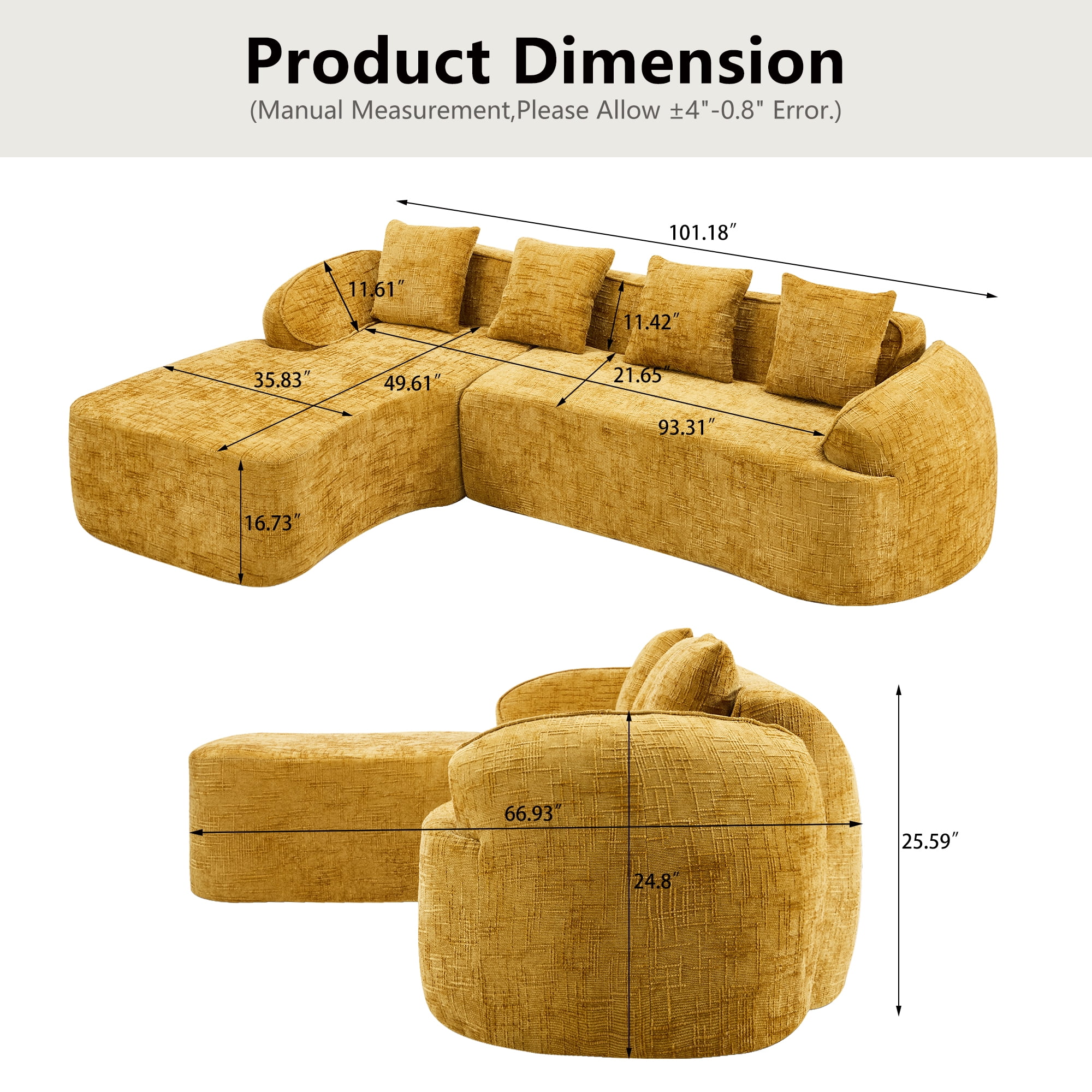 L-Shaped Sectional, Compressed Sofa with Chenille Fabric and Sponge Spring Support, No Assembly Couch for Living Room, 101" x 67" Yellow