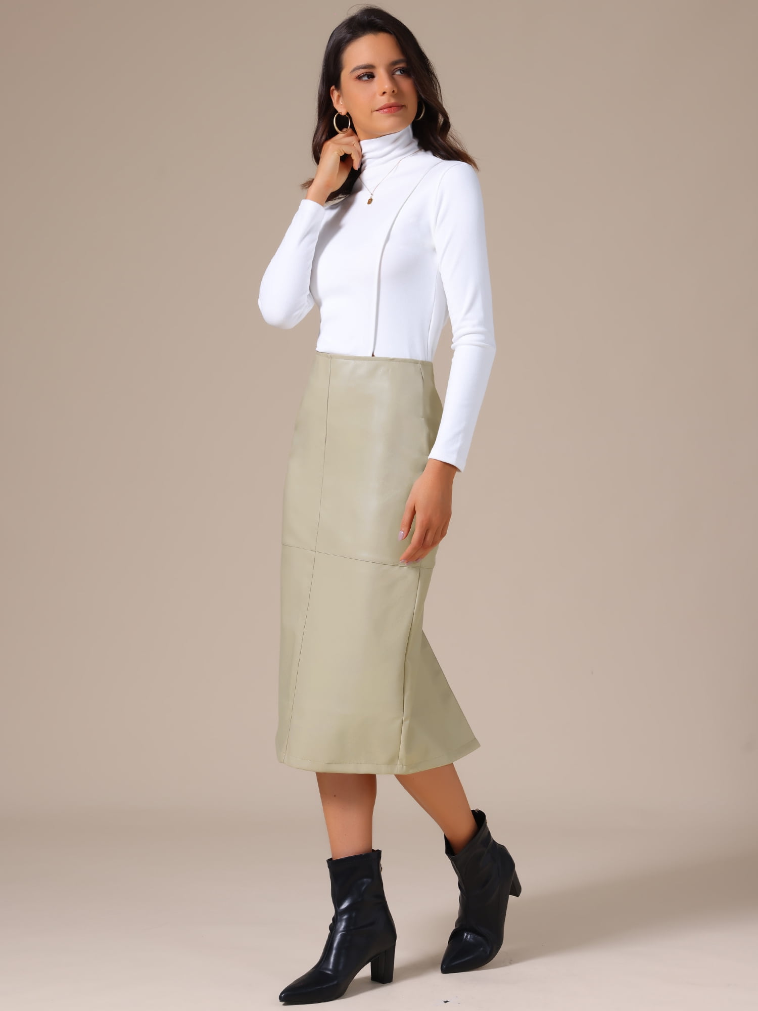 DARING DIVA Women's PU Leather Midi Party Split Back Bodycon Pencil Skirt X-Small Beige