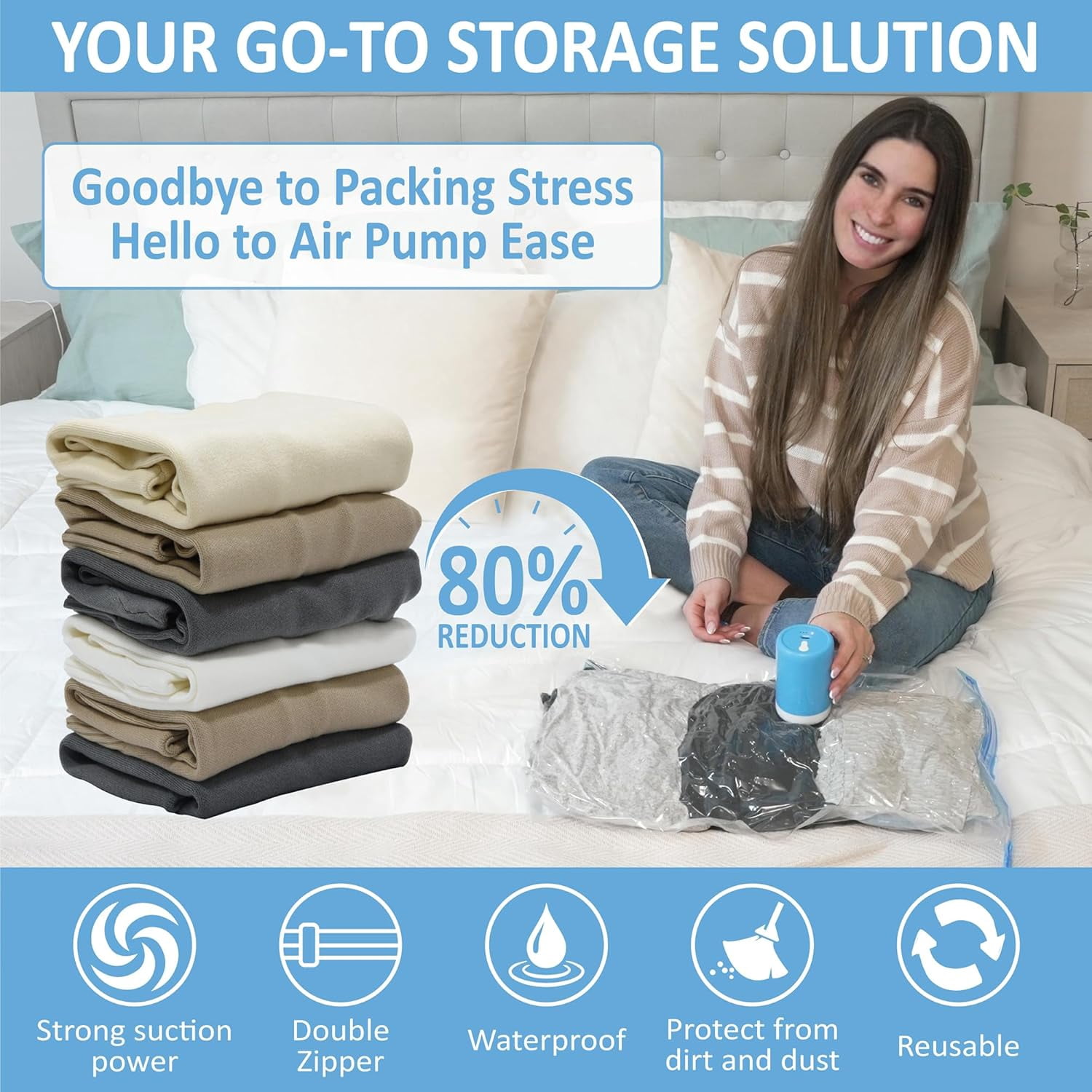 Travel Vacuum Storage Bags with Rechargeable Cordless Electric Pump, Space Saver Bags for Luggage, Suitcase, Carry-On, for Clothes, Blankets, Comforters, Pillows, 12 Combo