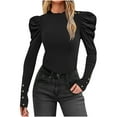 thumbnail image 2 of Uootdi Womens Puff Long Sleeve Tops Mock Gift Neck Button Detail Ruffle Trim Solid Basic T Shirt Casual Loose Pullovers, 2 of 7