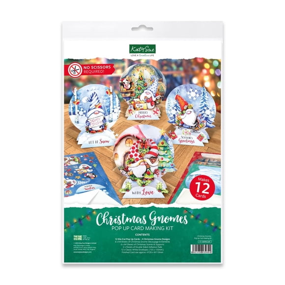 Kit para hacer tarjetas con diseño de gnomos navideños de Katy Sue, 12 tarjetas desplegables