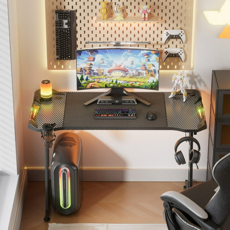 Soontrans 47 Z Shaped Gaming Desk Computer Gaming Table Desk with LED Lights Carbon Fibre Home Office Desks PC Gamer Workstations with Cup Holder