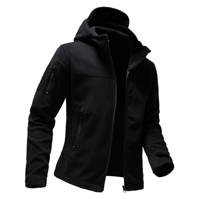 Mens Fleece Outdoor Jacket with Hood Zipper Multi Pockets Thermal