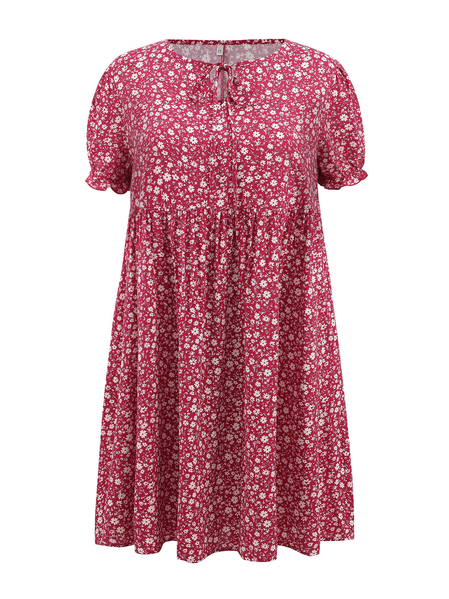 DARING DIVA Plus Size Tie Neck Short Sleeves Floral A-Line Dress 1X Dark Red