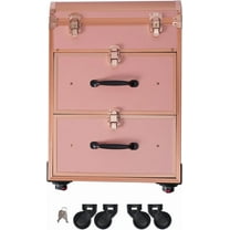 3-Tier Makeup Train Case, Rolling Lockable Beauty Salon Luggage Hairdressing Trolley Stylist w/Compartment&Drawer, Large Cosmetics Storage Organizer for Nail Art/Hair Styling (Gold)