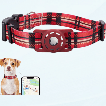 AirTag Dog Collar, Compatible with Apple AirTag 2021, Polyester Pet Cat Puppy Collar with Silicone AirTag Holder for Small, Medium, Large, & Extra Large Dogs, Red Plaid, S: 9.8''-15.7'' Neck