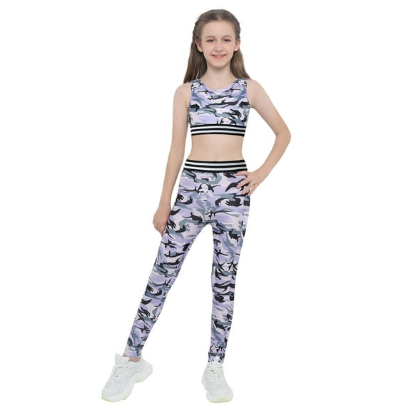 CHICTRY Kids Girls Camouflage Print Sports Suit Sleeveless Racer Back Crop Top with Athletic Leggings Active Set Lavender 14