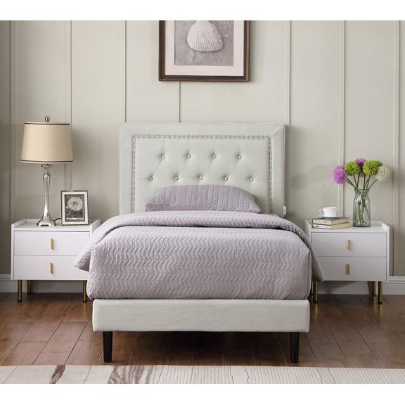 Oliver and Smith Twin Size Upholstered Platform 48 Bed Frame Adjustable Button Tufted Headboard Velour Linen Fabric Wood Slats No Box Spring Needed Beige (BERLIN)