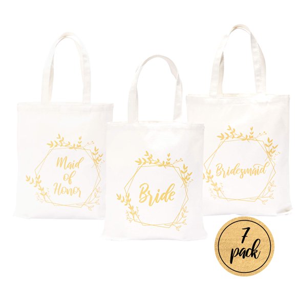 Pop Fizz Designs Bridesmaid Bags | 5 Bridesmaid Tote bags | 1 Maid of Honor Tote Bag | 1 Bride Canvas Bag (7 pack)