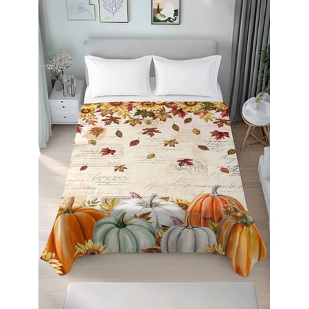 Twin XL Flat Sheet Only Vintage Thanksgiving Pumpkin Soft Microfiber Cooling Bedding Sheets Autumn Leaf on Letter Flat Bed Sheet for Hotel Home Decor