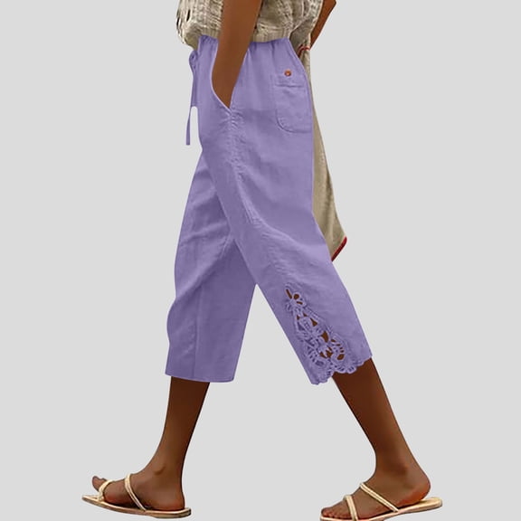 Sageysalite Capri Pants for Women Cotton Linen Drawstring Elastic Waist Casual Lightweight Wicking Cropped Pants with Pockets