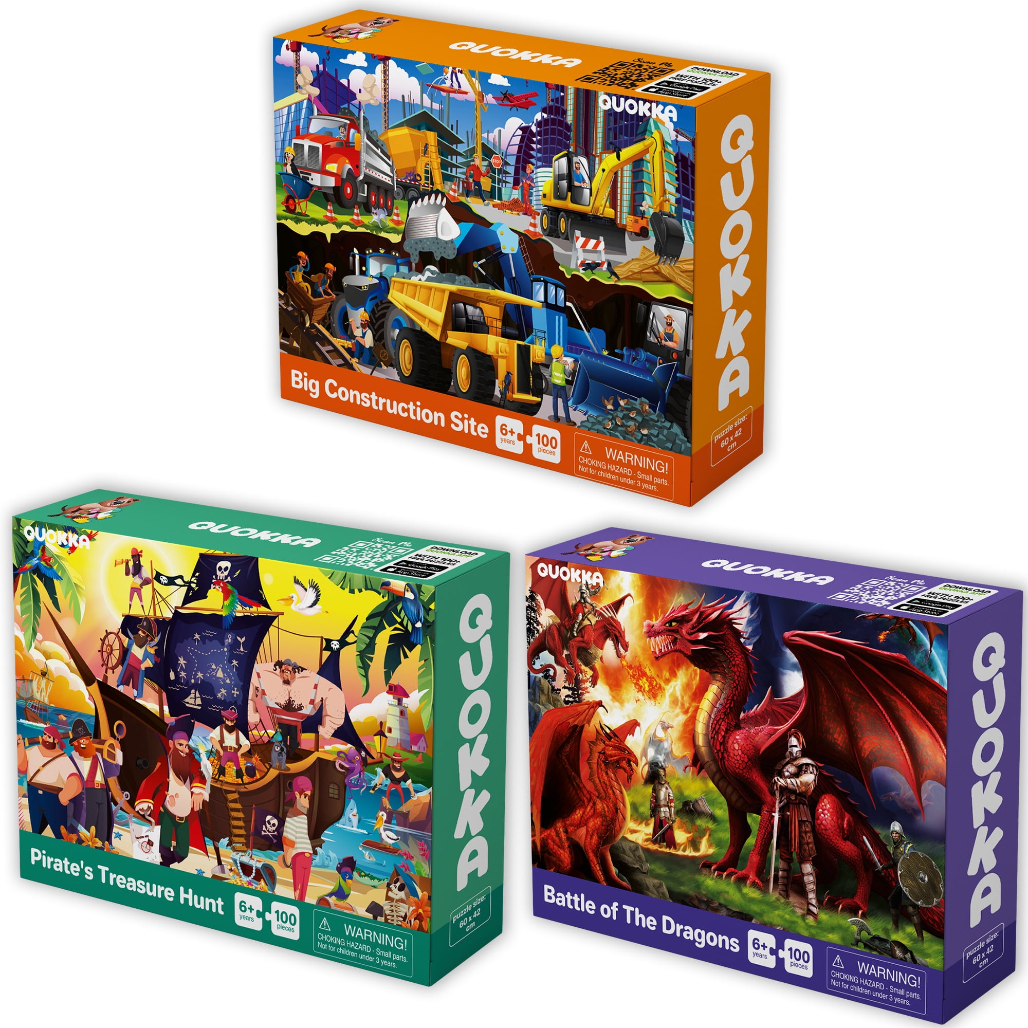 QUOKKA 100 Piece Puzzles for Kids Ages 4 6 - 3 Floor Puzzles for Toddlers 3 5 - Pirates Dragons