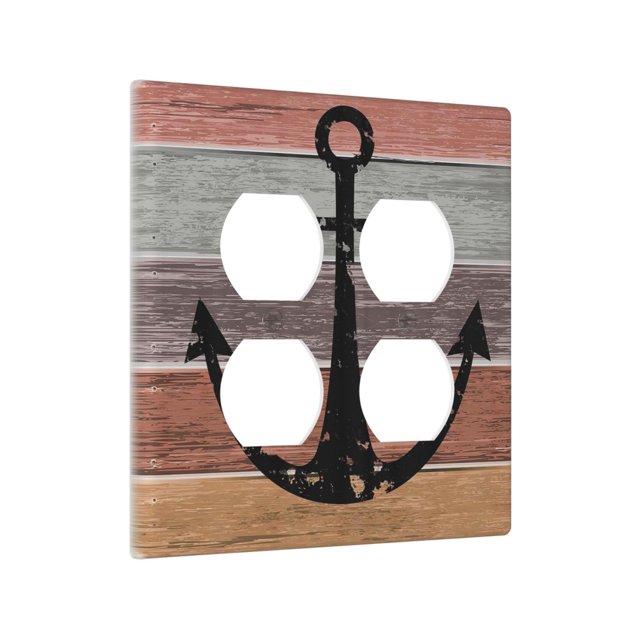 Yamxbfa Cubiertas decorativas para salidas rústicas coloridas de madera marrón ancla 2 bandas cubierta de placa de pared doble receptáculo dúplex dos interruptor de luz placa de cubierta Jumbo doble c