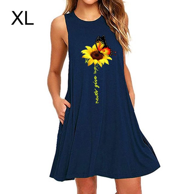 Vestido Corto Sin Mangas Midi Chaleco Vestido Mujer Estampado Trajes De Verano, Azul Oscuro, XL Kearding AP002125-20