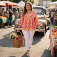 thumbnail image 3 of Agnes Orinda Women's Plus Size Babydoll Tops V Neck 3/4 Lantern Sleeves Floral Shirts Peplum Blouses 3X Orange Pink, 3 of 6