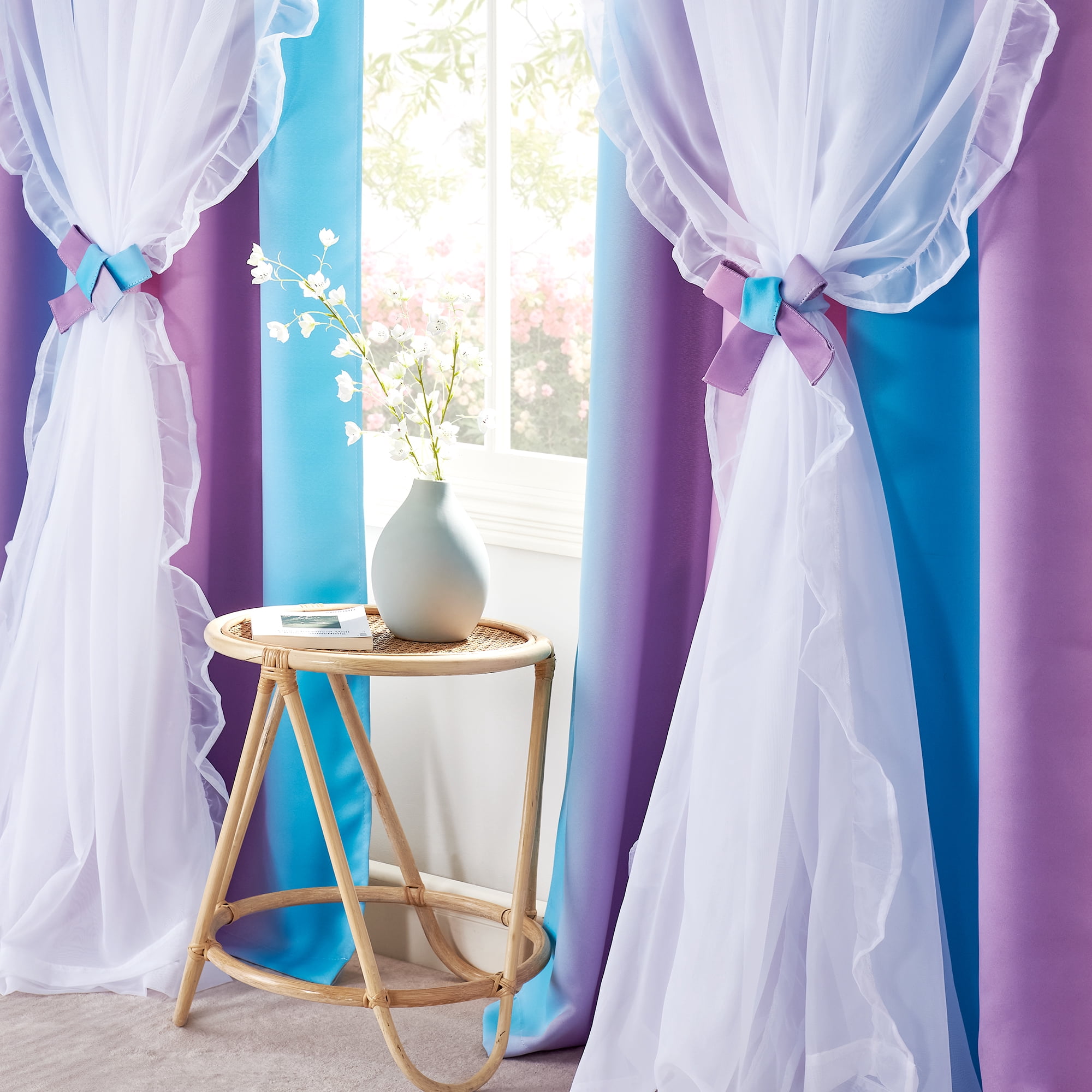 NICETOWN Double Layer Curtain for Girls Bedroom Colorful Rainbow Design Room Darkening Grommet Modern Drapes, Ombre Pink/Blue/Purple, 2 Panels, W52 x L84